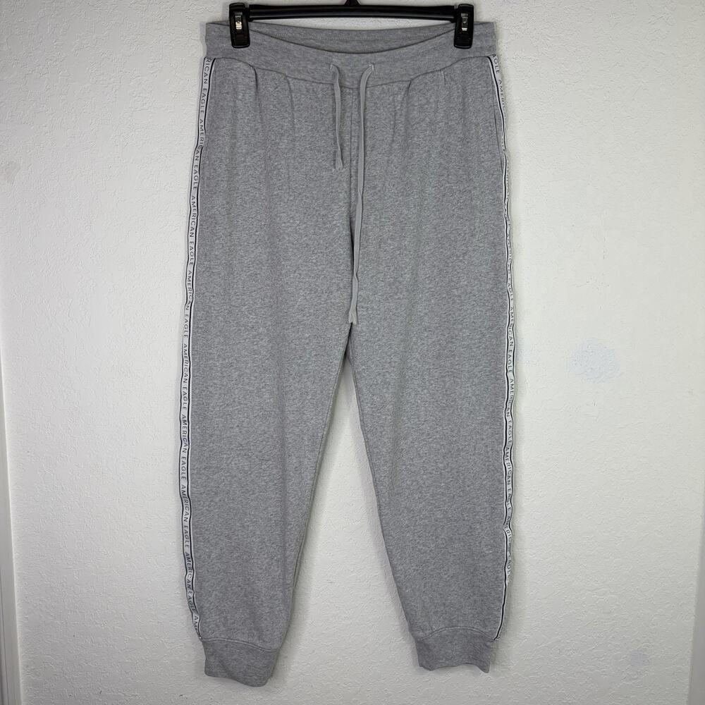 American Eagle Grey Jogger Sweatpants Logo Stripe On Sides Pockets Size L Comfy